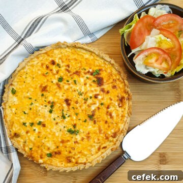Overhead shot of a cheese and onion quiche.