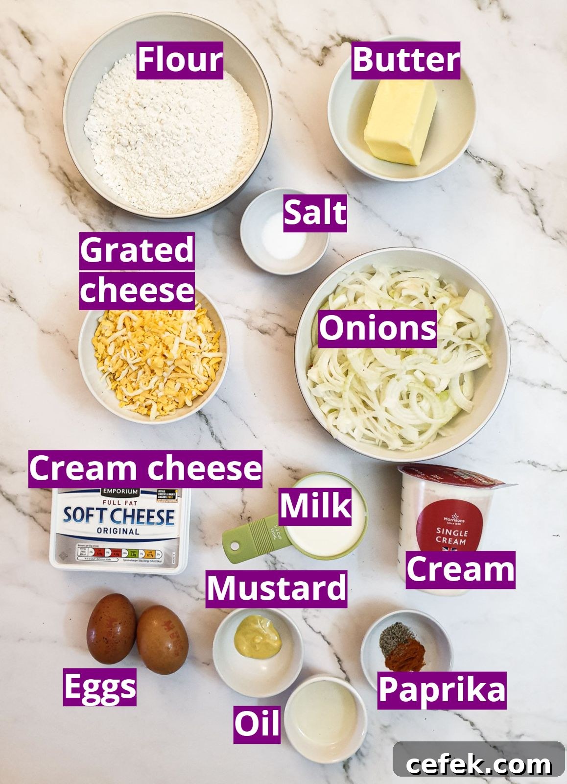 Ingredients for cheese and onion quiche.