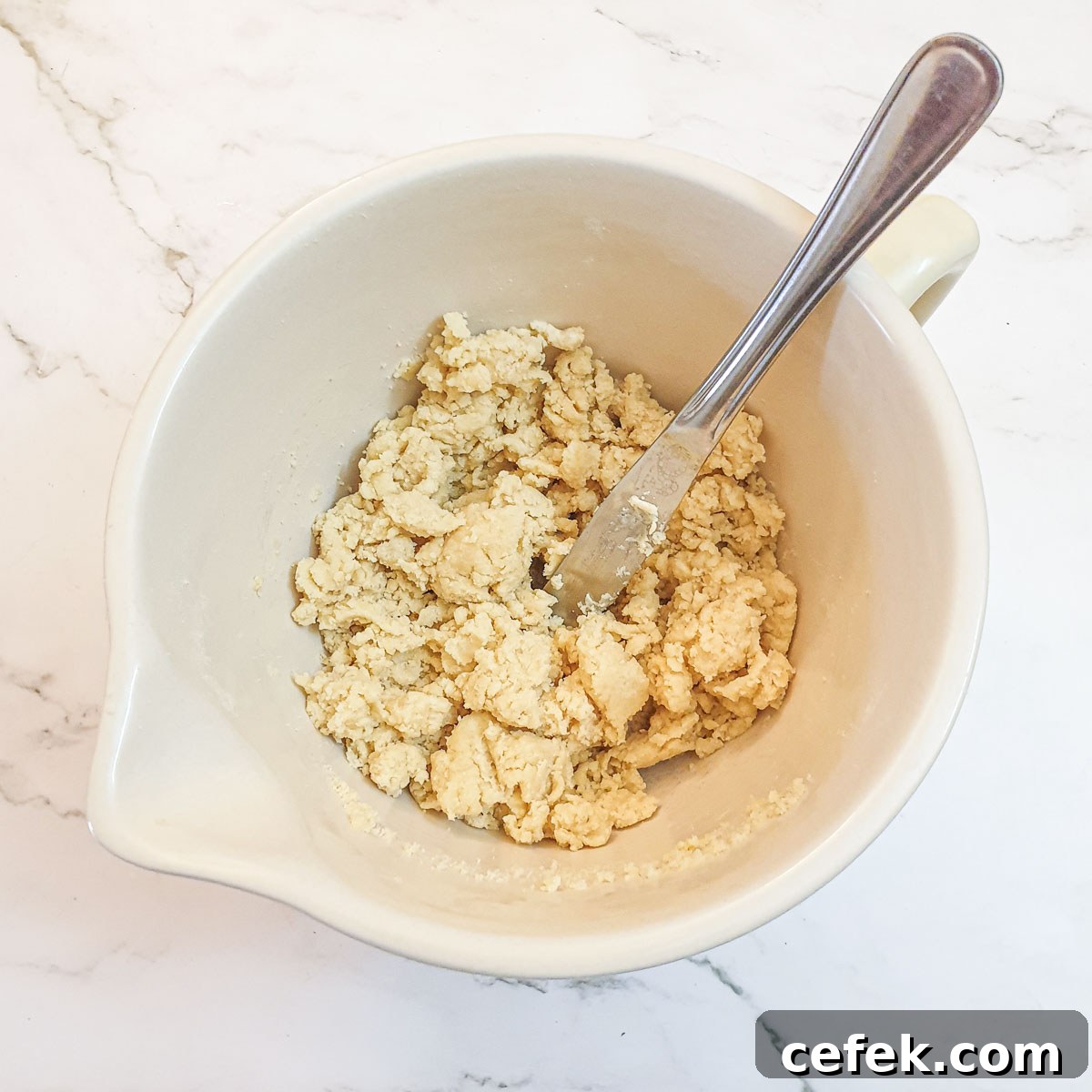 Flour and butter mixed in a bowl with the addition of water to form a shaggy dough.