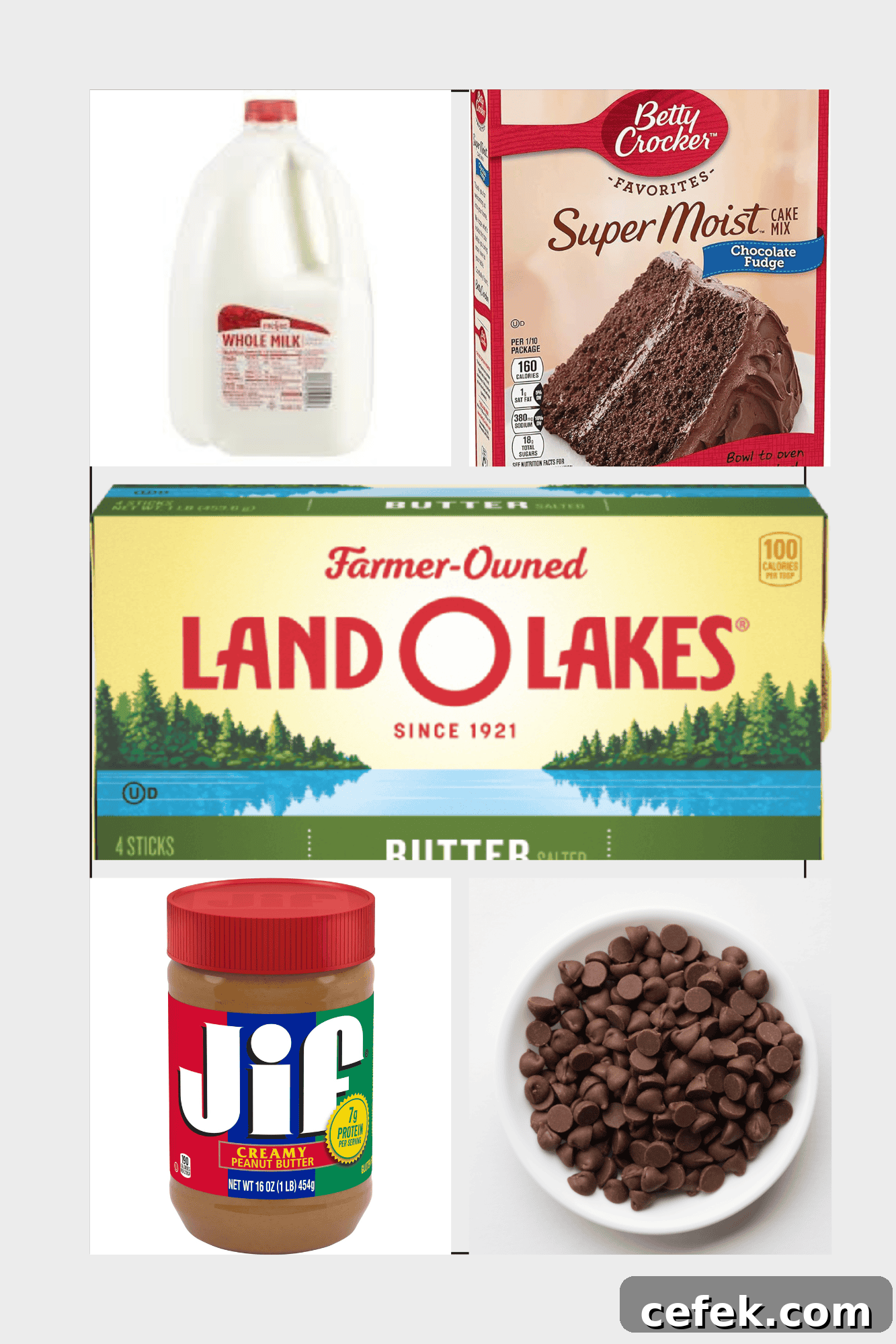 a collage of ingredients including milk, cake mix, butter, peanut butter, and chocolate chips.