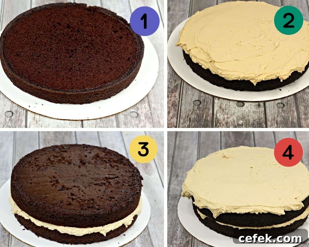a 4 image collage showing how to layer chocolate cake with peanut butter frosting.