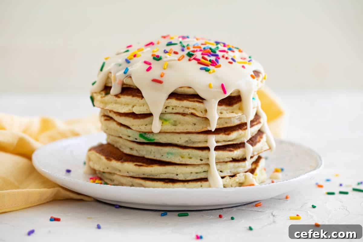 plate with funfetti pancakes stacked