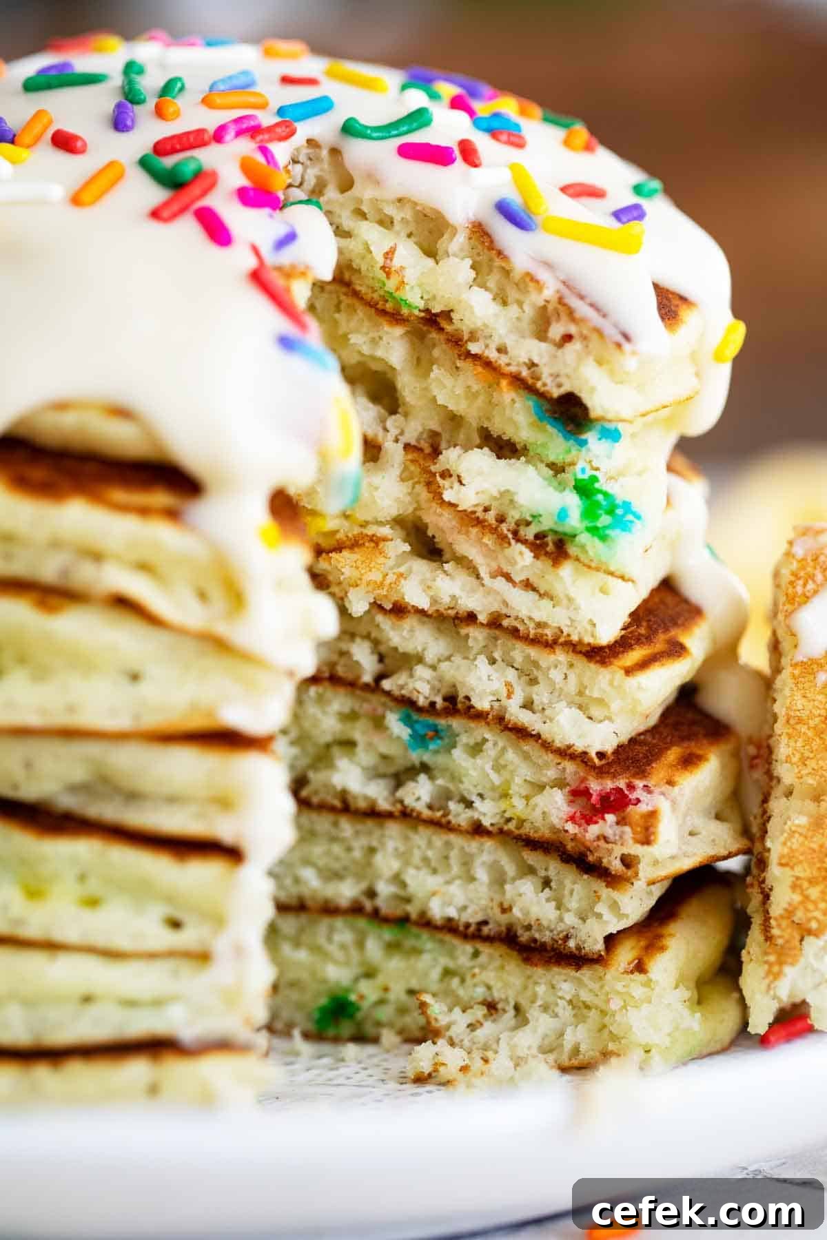 stack of funfetti pancakes with part taken out to show texture