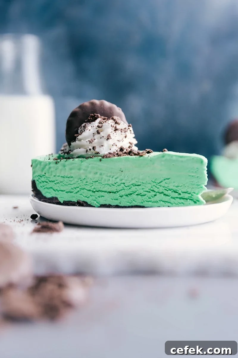 Thin mint cheesecake topped with whipped cream and a cookie garnish.