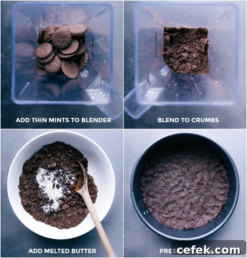 Cookies in a blender transforming into crushed crumbs, with melted butter added, then pressed into a springform pan for crust formation.