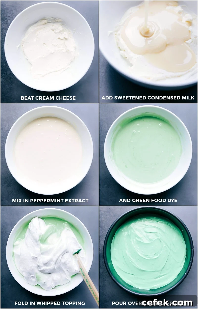 Beaten cream cheese added to sweetened condensed milk, peppermint extract addition, green food coloring, and whipped topping folded in, poured over crust for freezing.