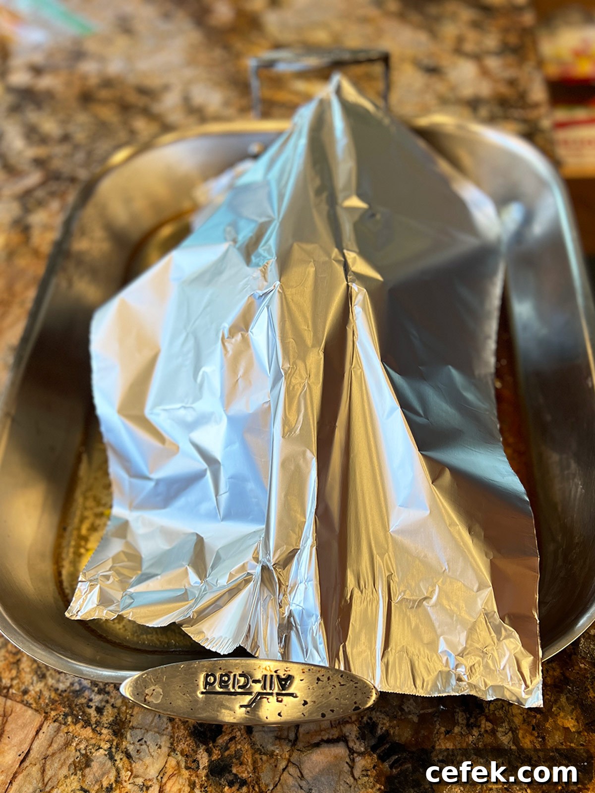 Roasted Turkey breast tented but still in roasting pan.