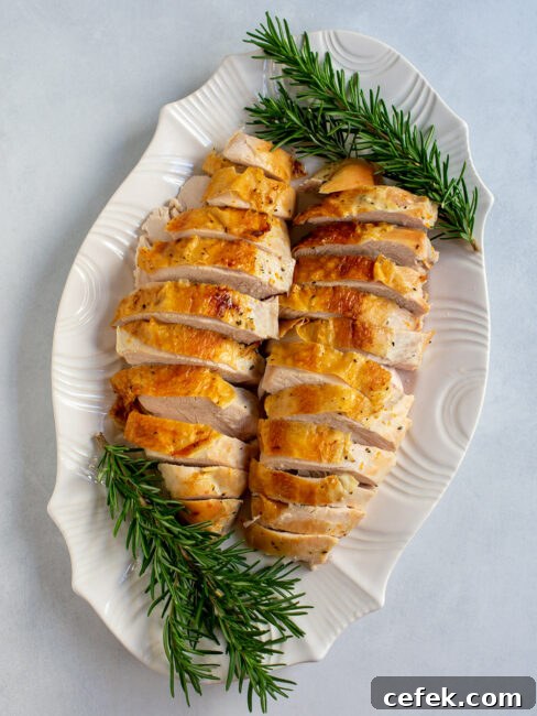 Sliced turkey breast on a white platter with fresh rosemary.