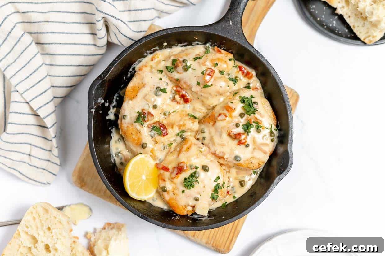Creamy chicken in a cast iron skillet with capers.