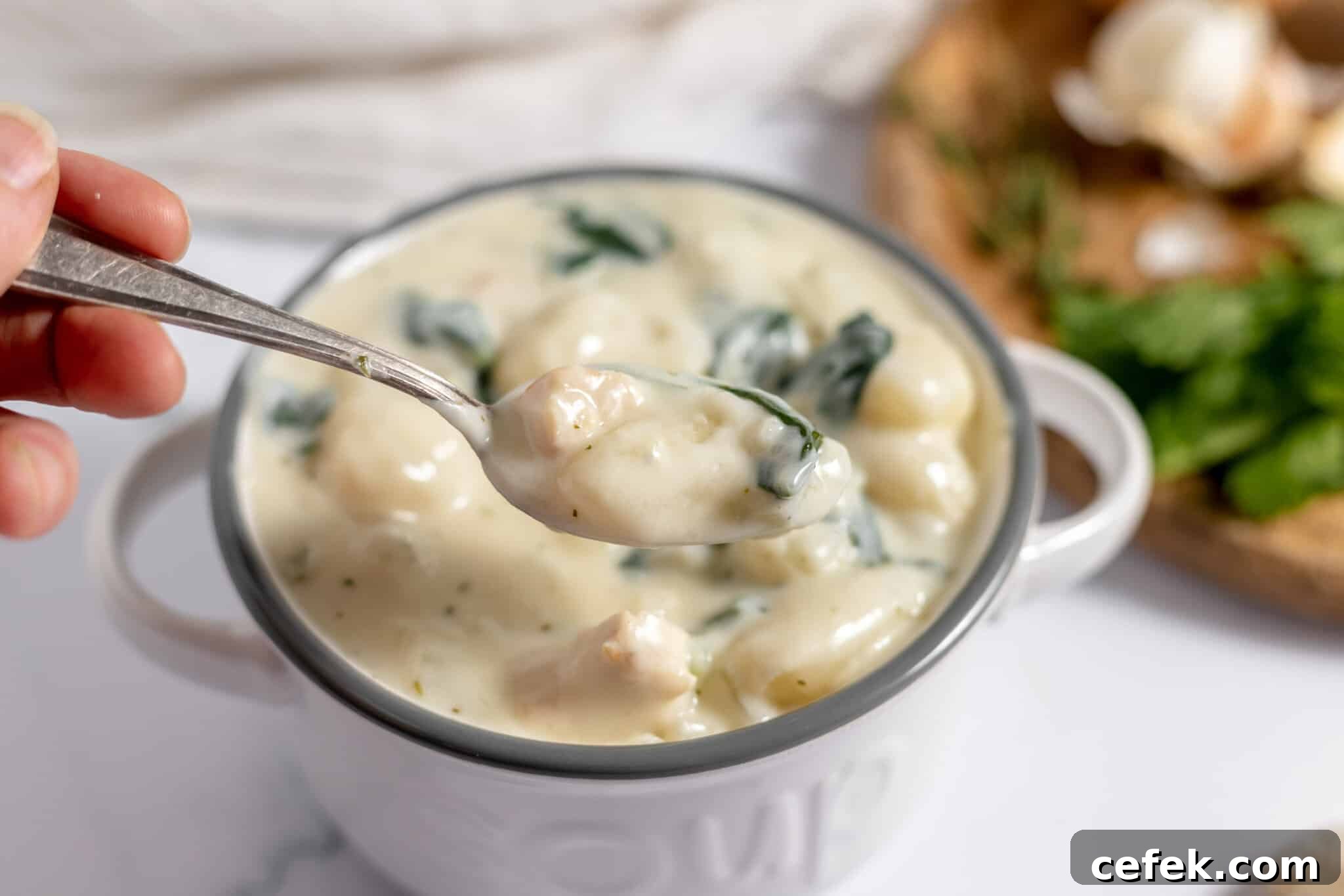 A bowl of chicken and gnocchi soup with a spoon in it.