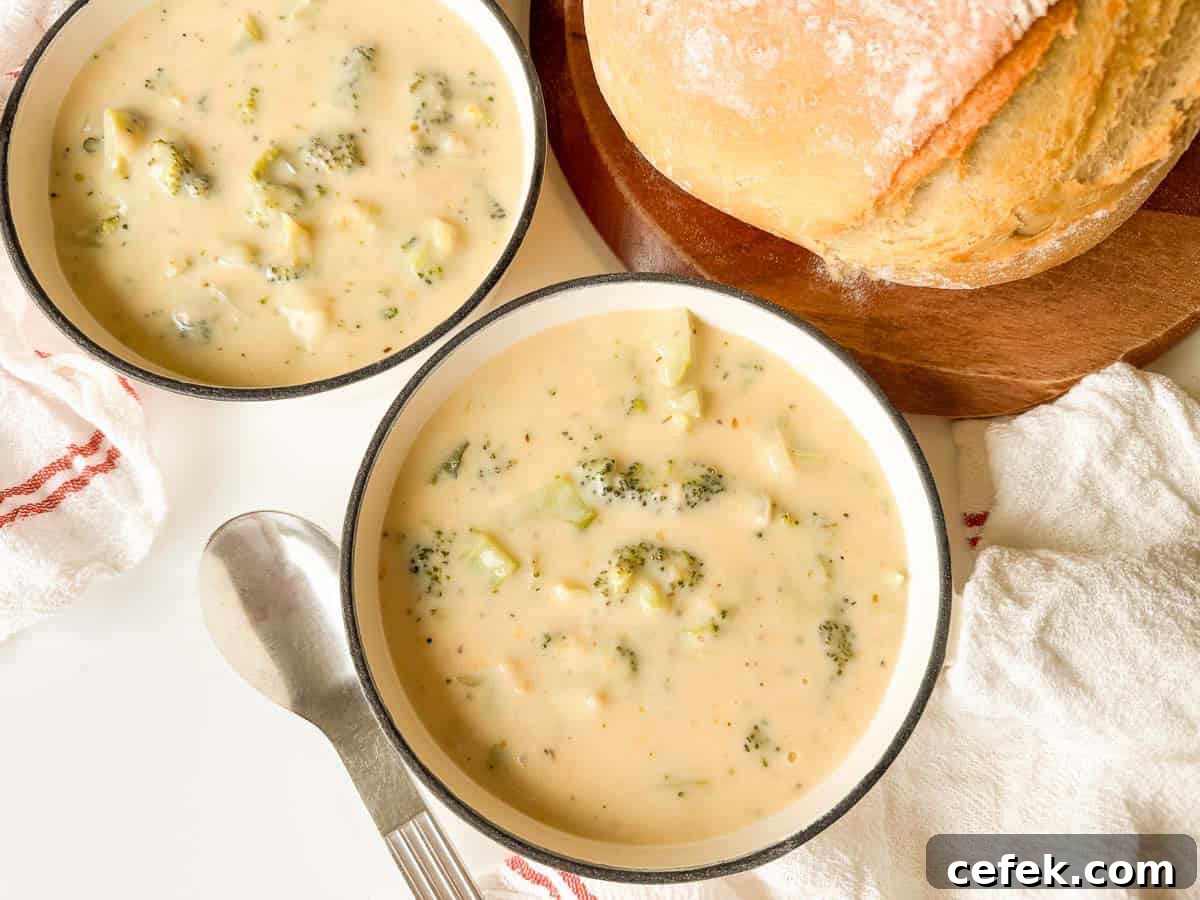 Two bowls of soup with a loaf of bread.