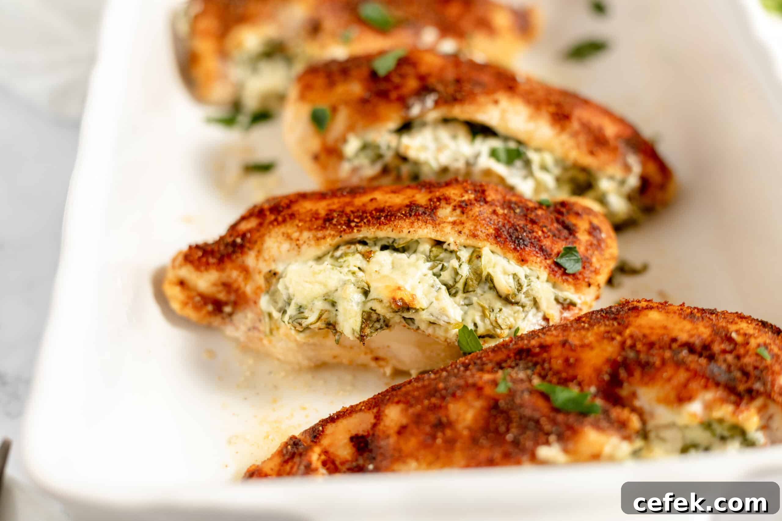 A baking dish full of stuffed chicken breasts.