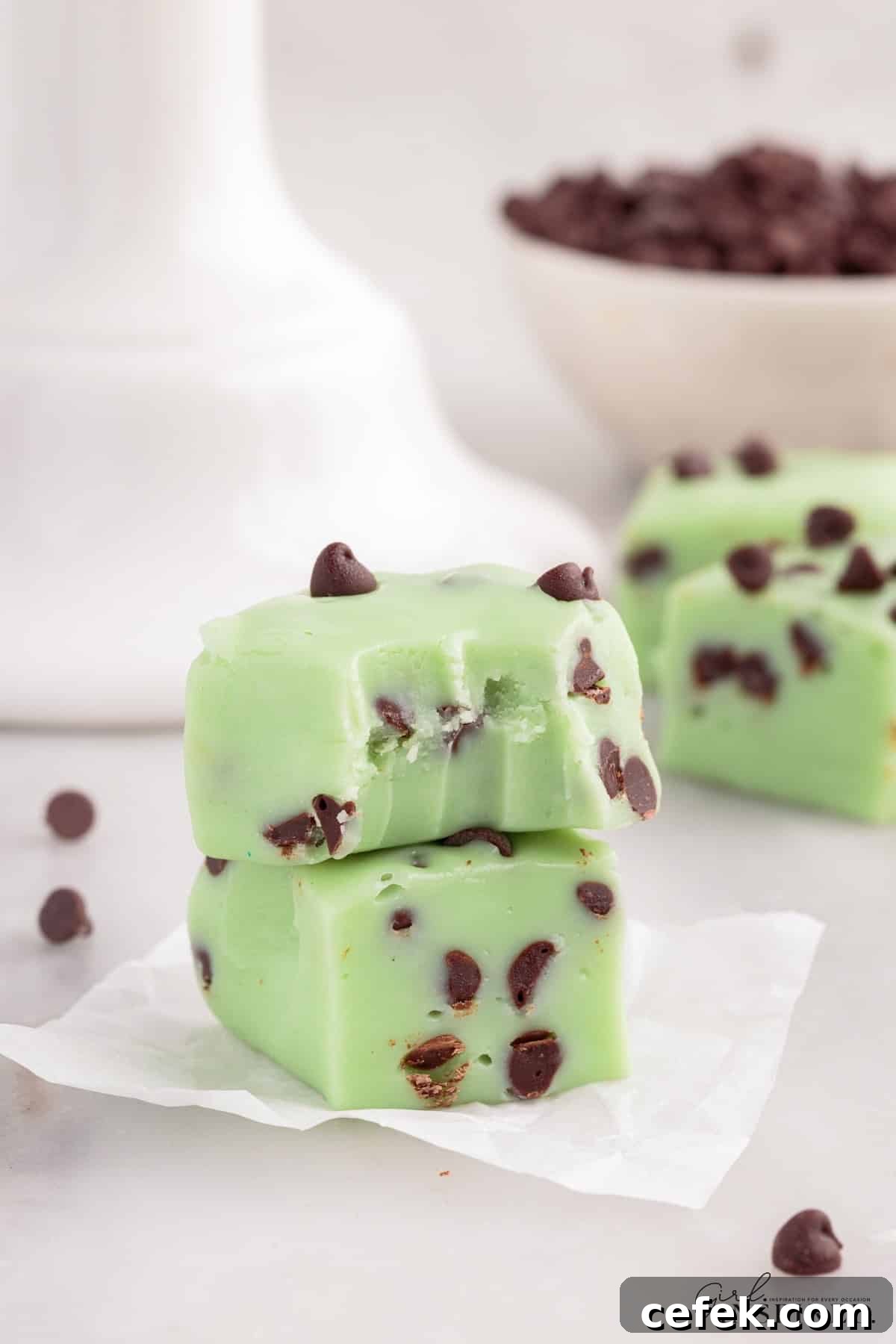 A bowl of Mint Fudge with mini chocolate chips.