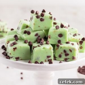 A pile of Mint Fudge with mini chocolate chips.