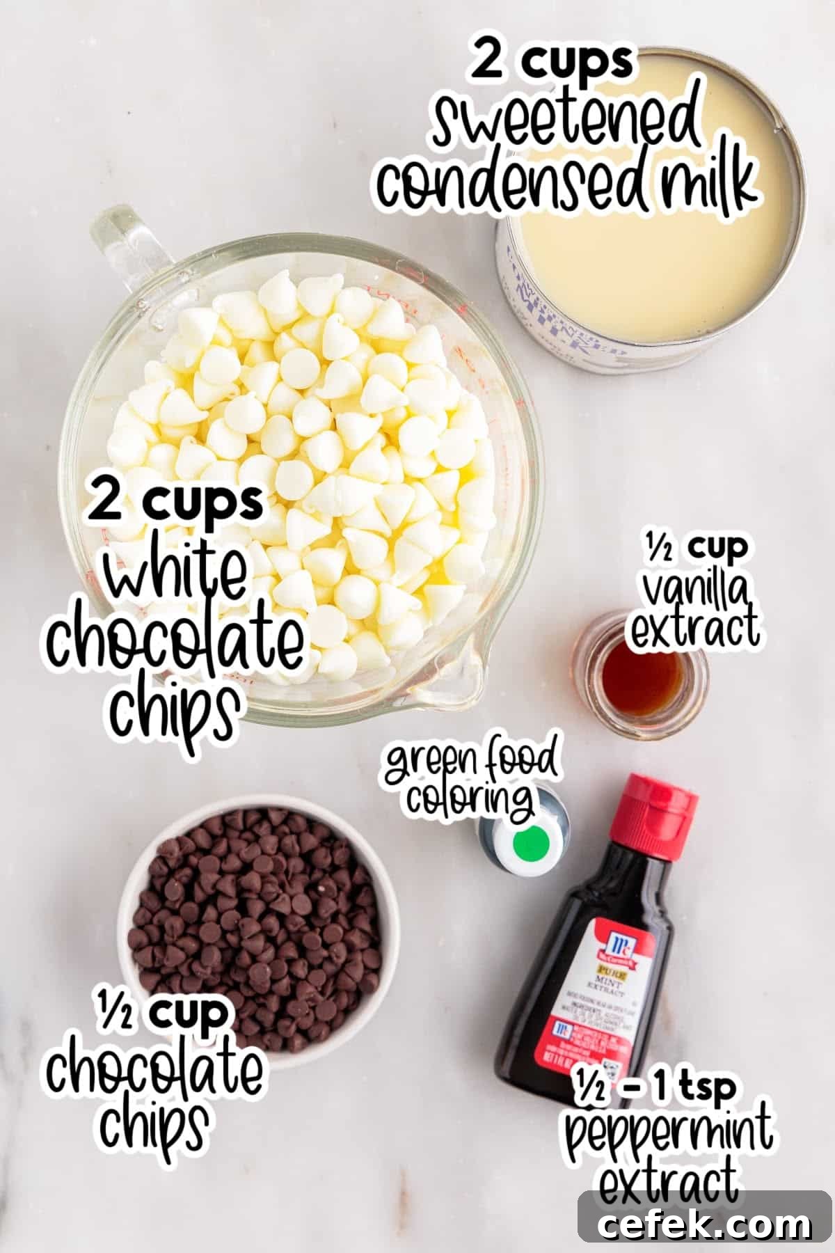 Ingredients layed on the counter in bowls to make this fudge, with text overlays.