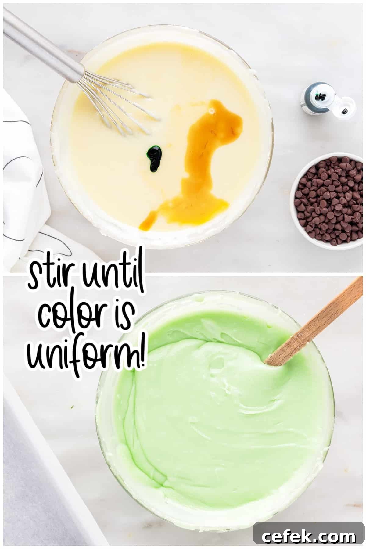 Mixing in the food coloring and vanilla.