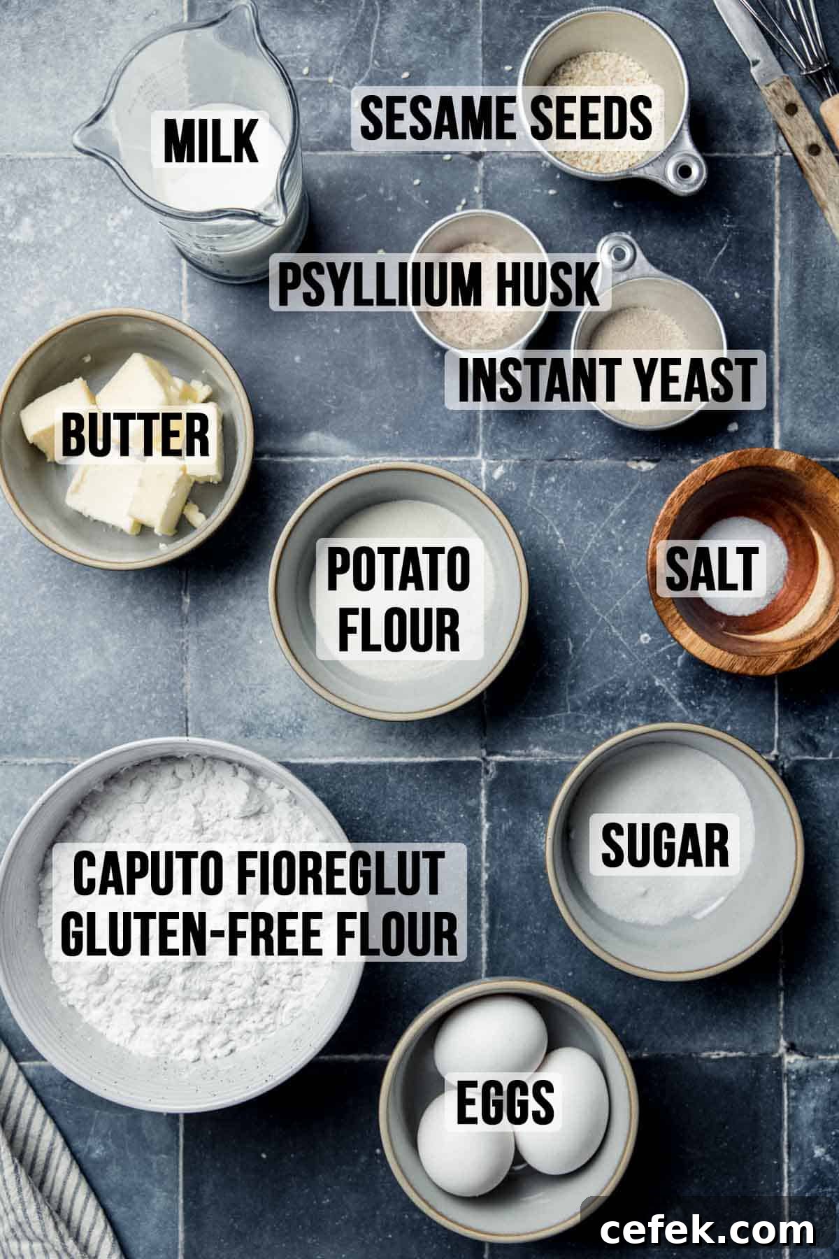 Ingredients for gluten free brioche burger buns measured out in bowls.