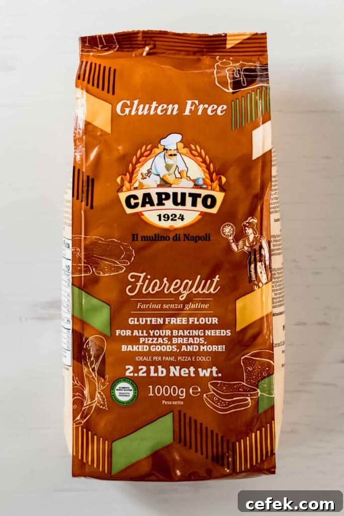 A bag of Caputo gluten free flour on wooden surface.