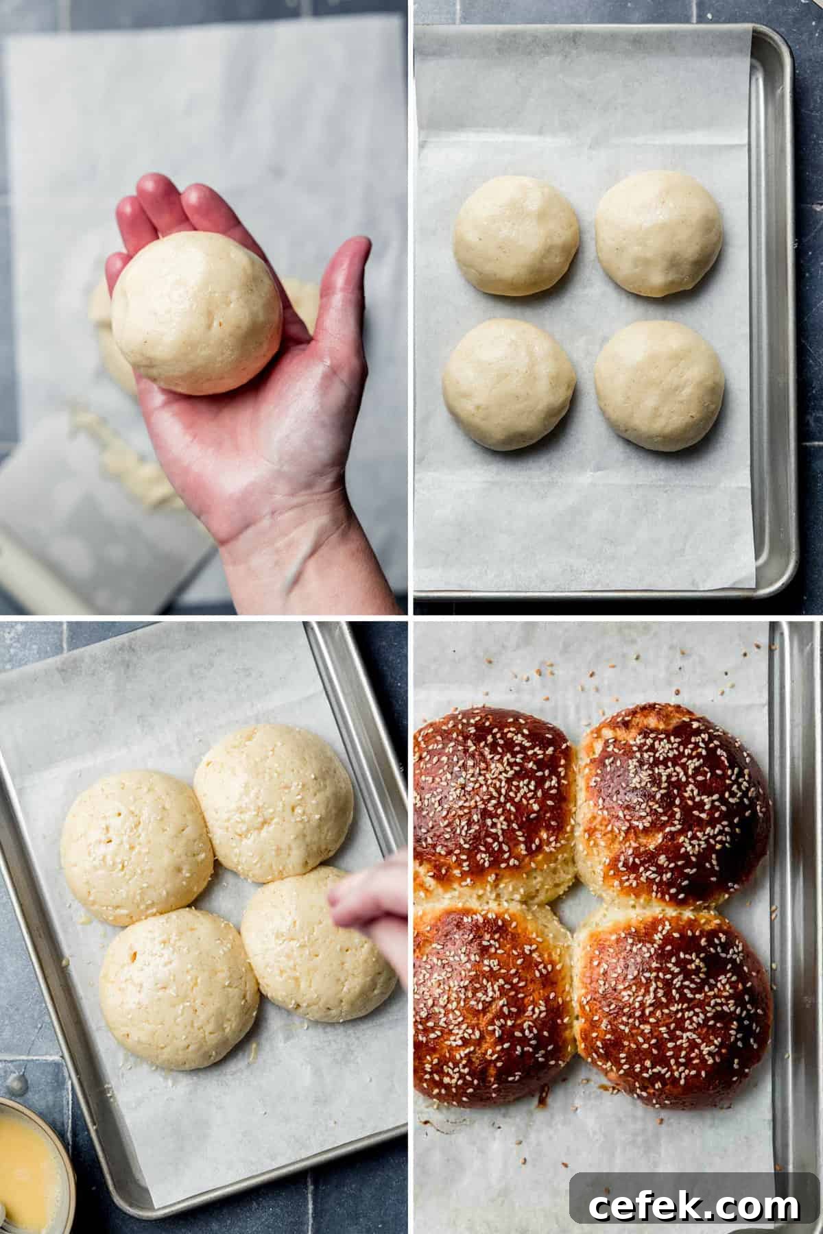 Image collage: ball of dough in hand, four balls of dough on baking sheet, sprinkling sesame seeds on risen buns, baked golden brown buns on baking sheet.
