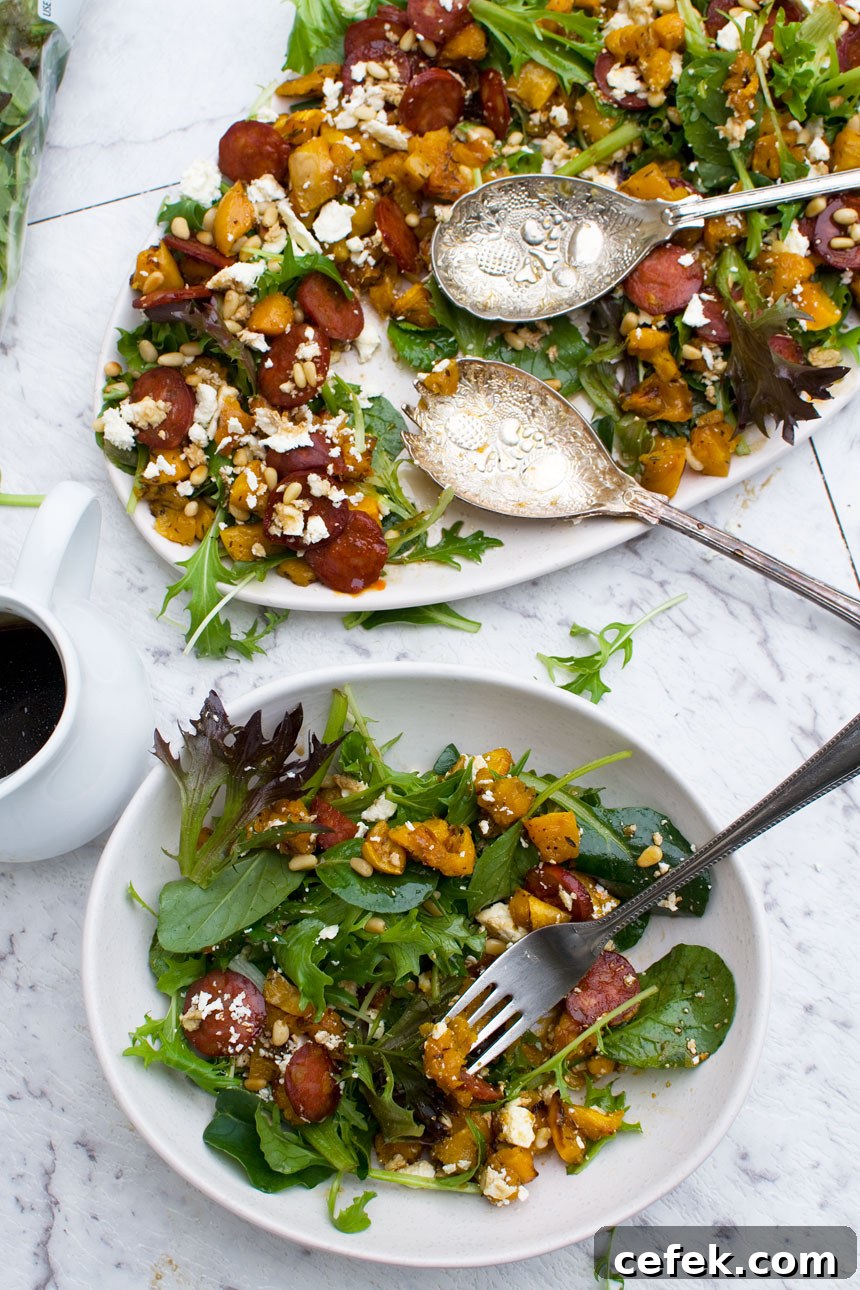 Roast Pumpkin Salad With Feta And Chorizo salad on a platter and on a plate from above