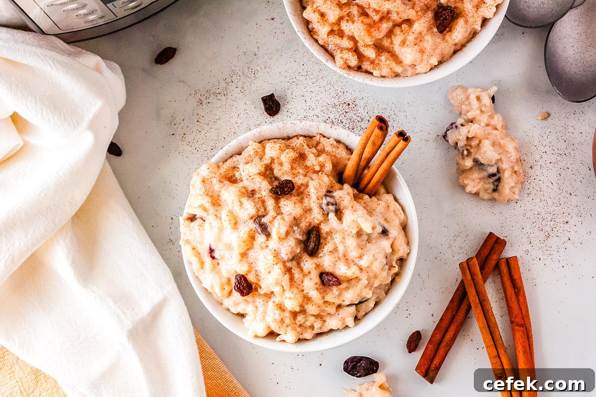 Rice pudding in white bowls with ground cinnamon on top.