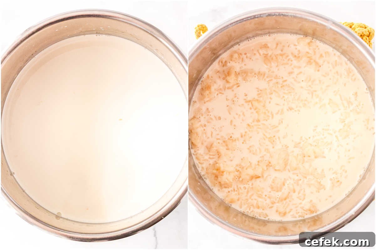 The ingredients in the instant pot before and after it is pressure cooked.