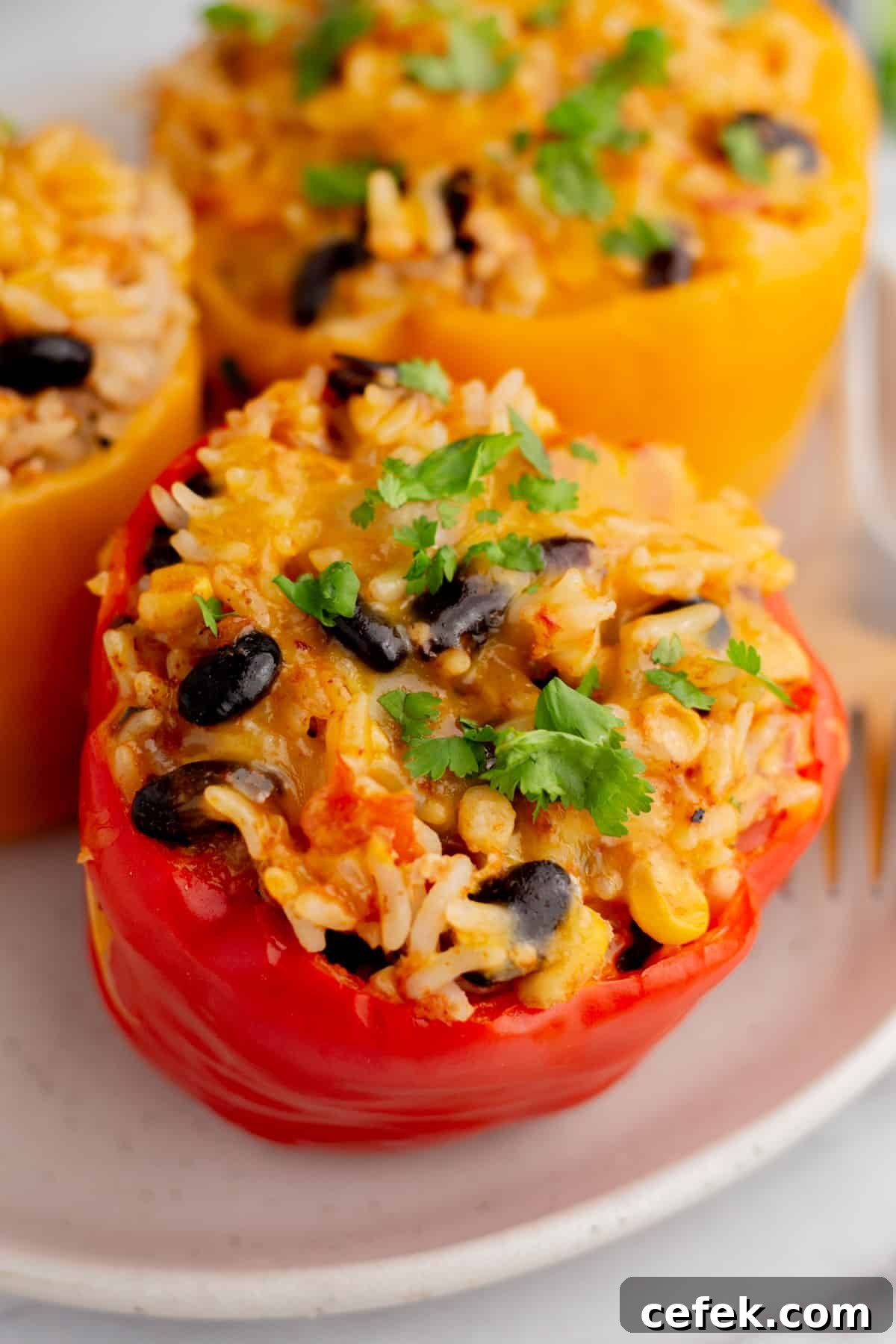 Stuffed bell peppers with rice, black beans, and melted cheese garnished with fresh cilantro.