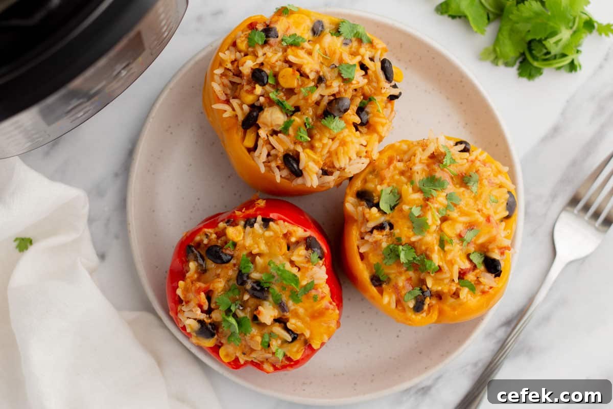 Instant pot stuffed bell peppers with rice, beans, and cheese on a plate.