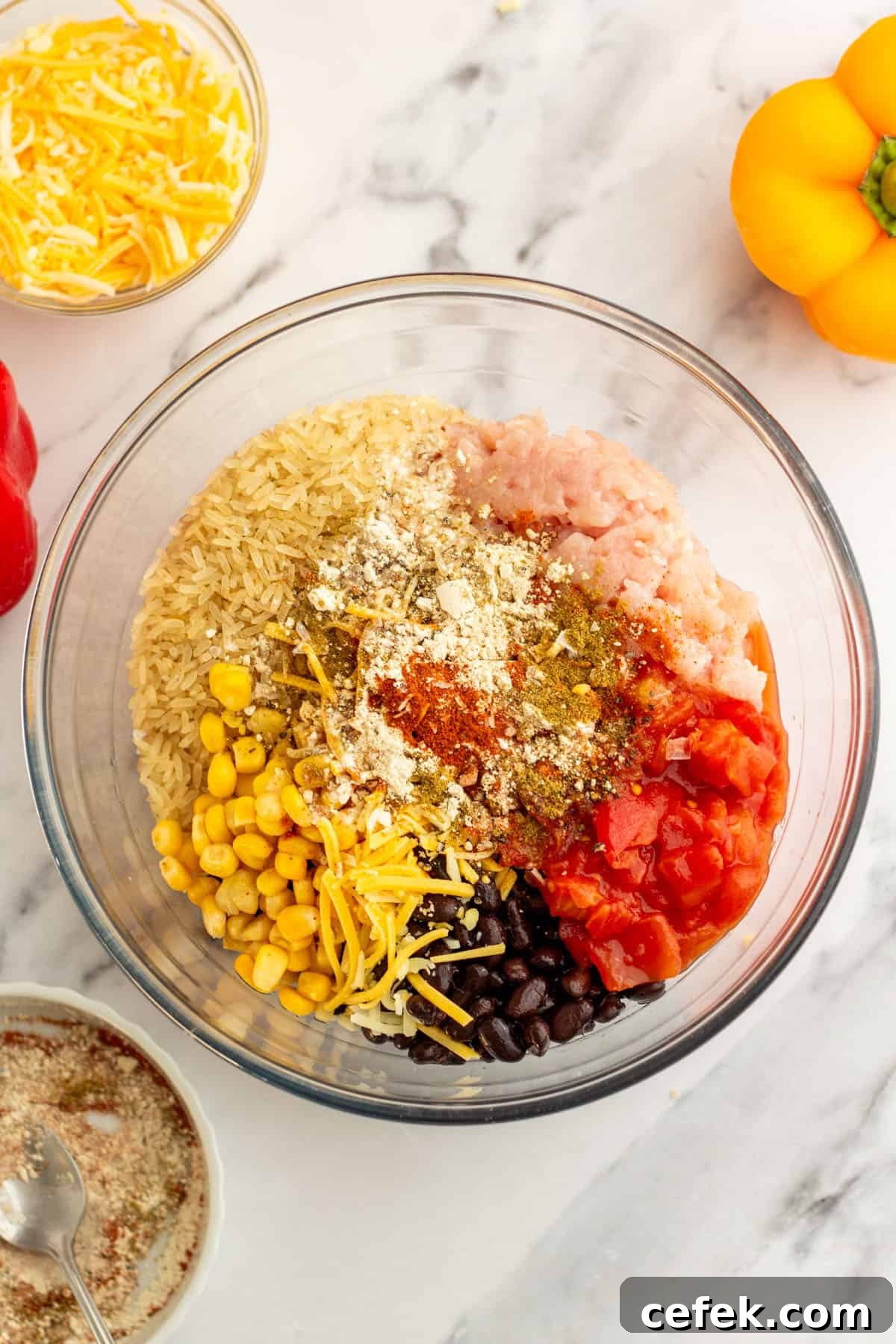 Ingredients for instant pot stuffed peppers in a bowl.