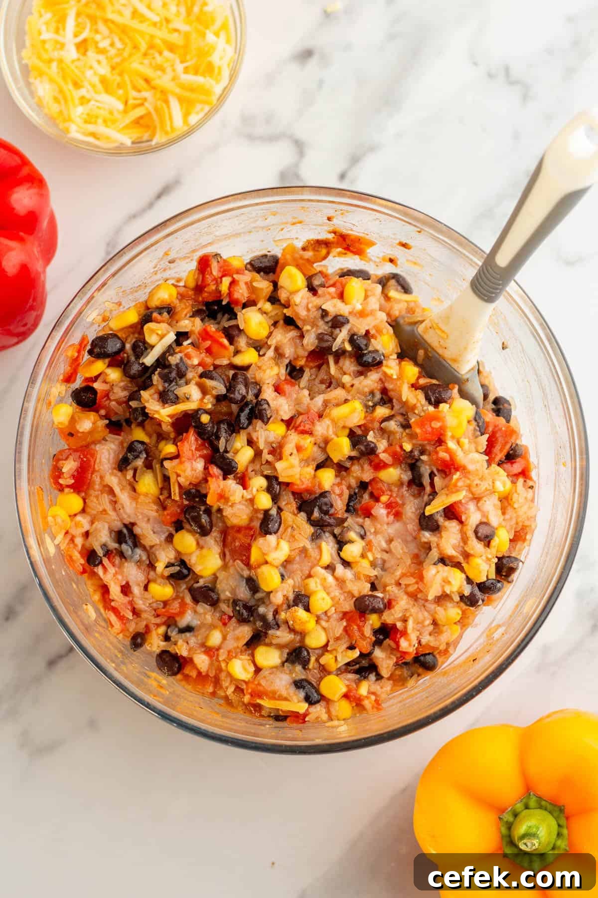 Instant pot stuffed pepper mixture in a glass bowl.