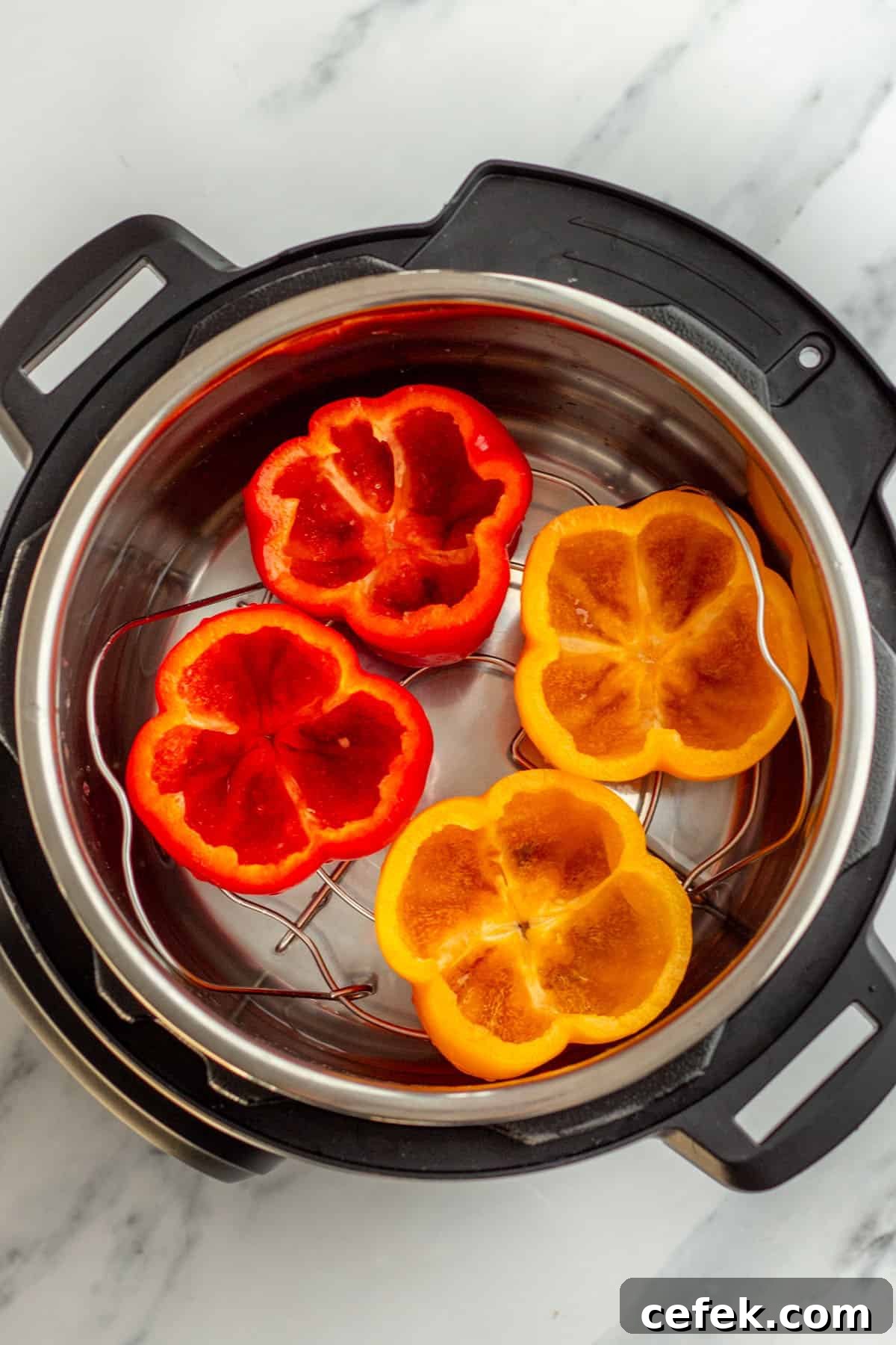 Sliced peppers in an instant pot.