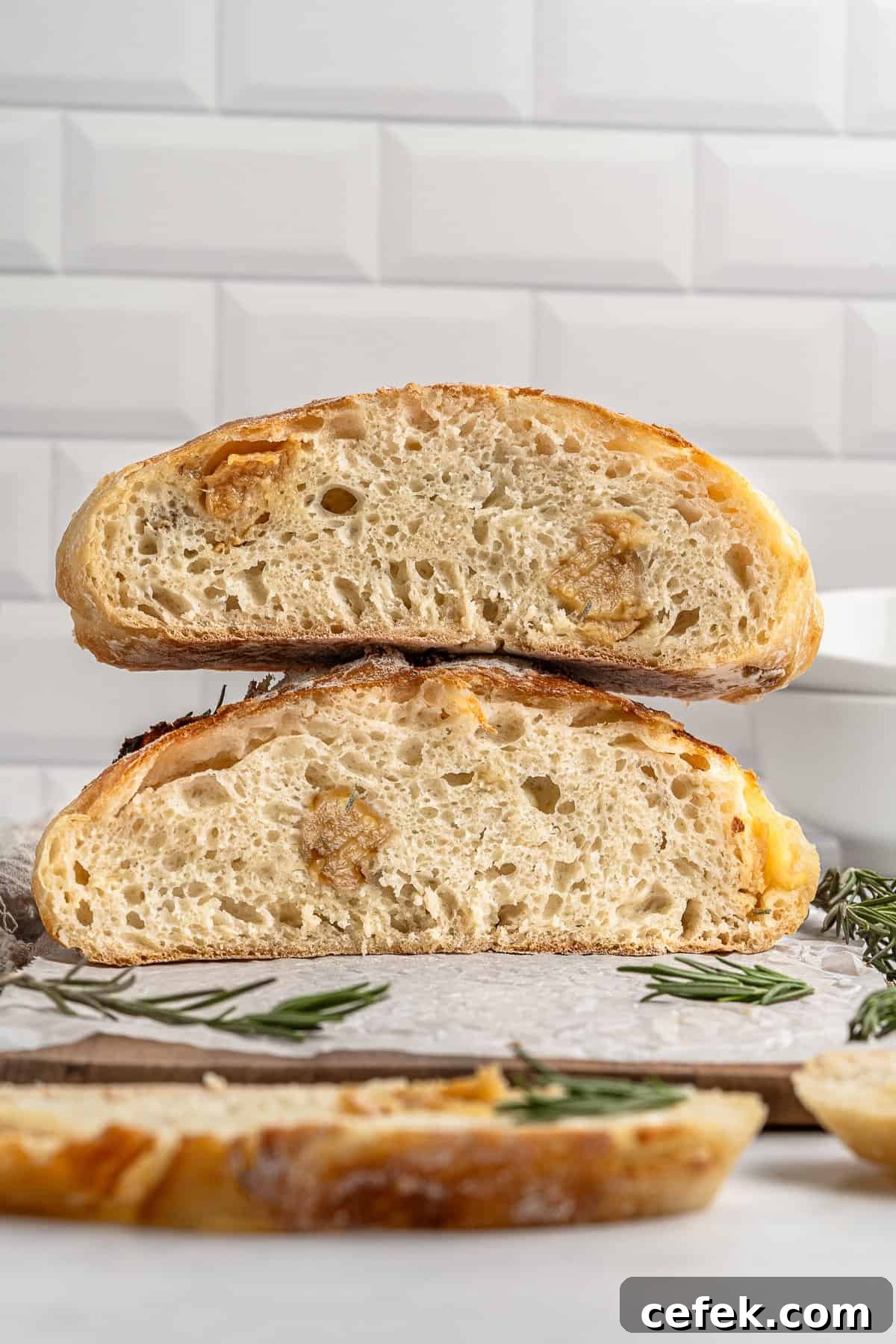 Two slices of no knead garlic bread with a crusty golden exterior and airy interior are stacked on a parchment-lined surface. Sprigs of rosemary are scattered around, with a textured white tile wall in the background.