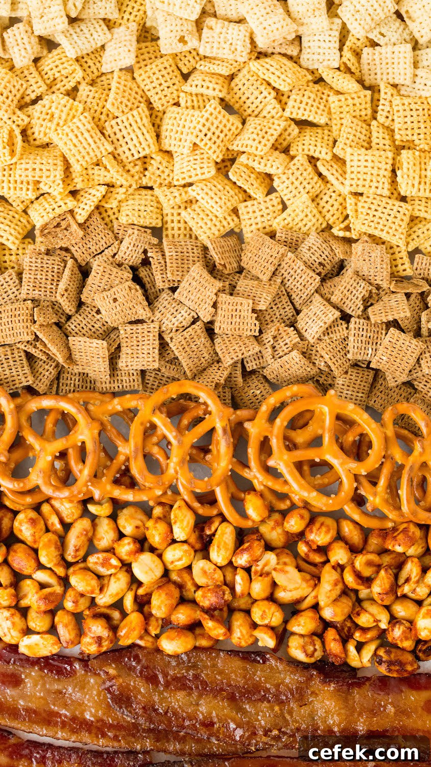 A twist on the classic chex mix snack, this version includes duck fat, sriracha peanuts, and candied bacon.