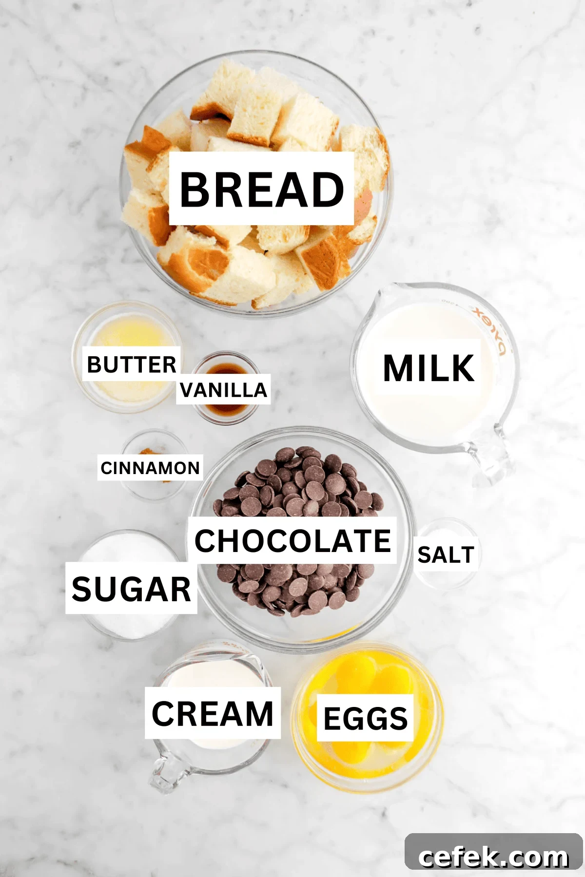 Ingredients for chocolate chip bread pudding.