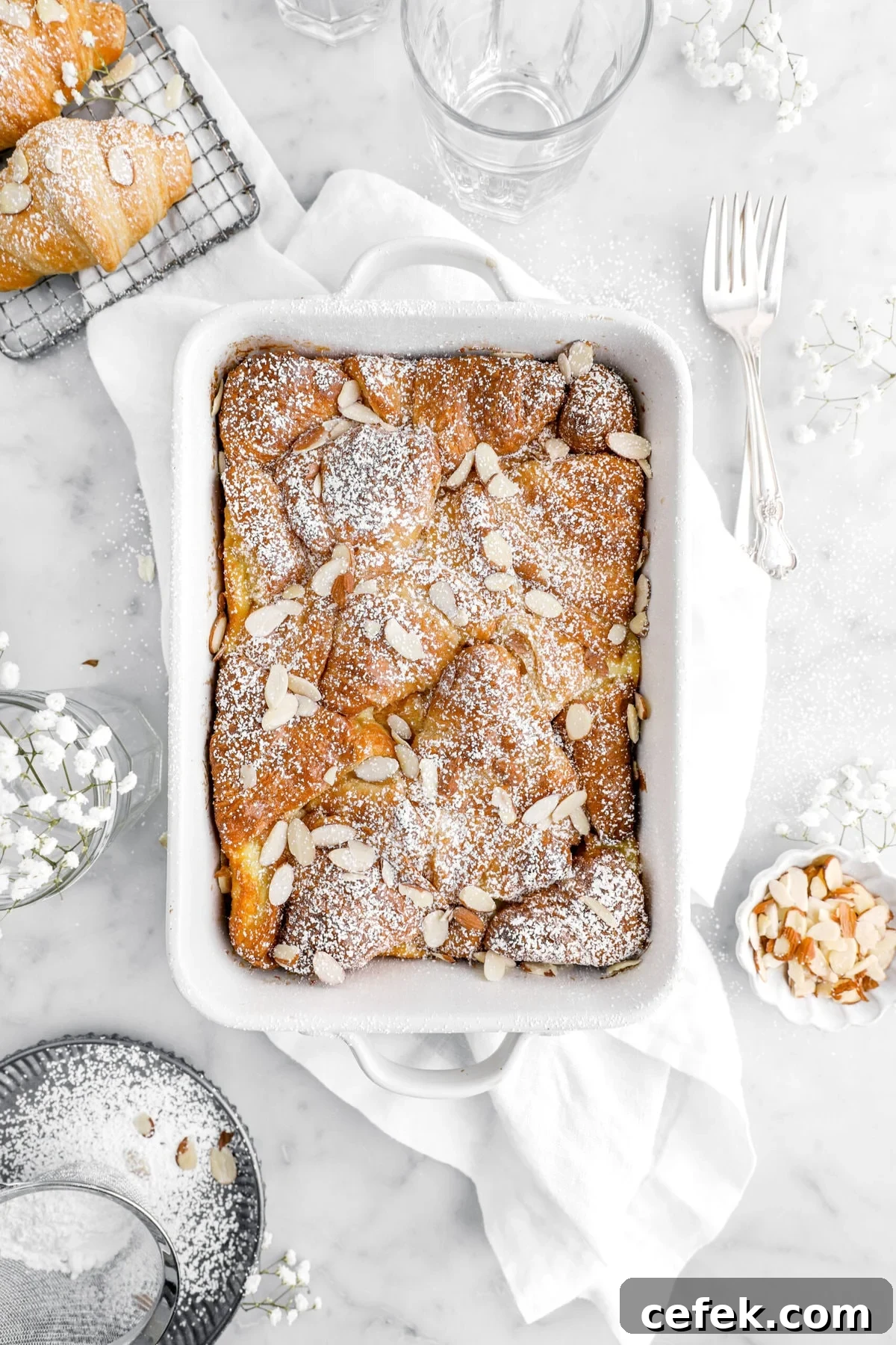 overhead image of vanilla croissant bread pudding on top of a white napkin with forks and flowers around.