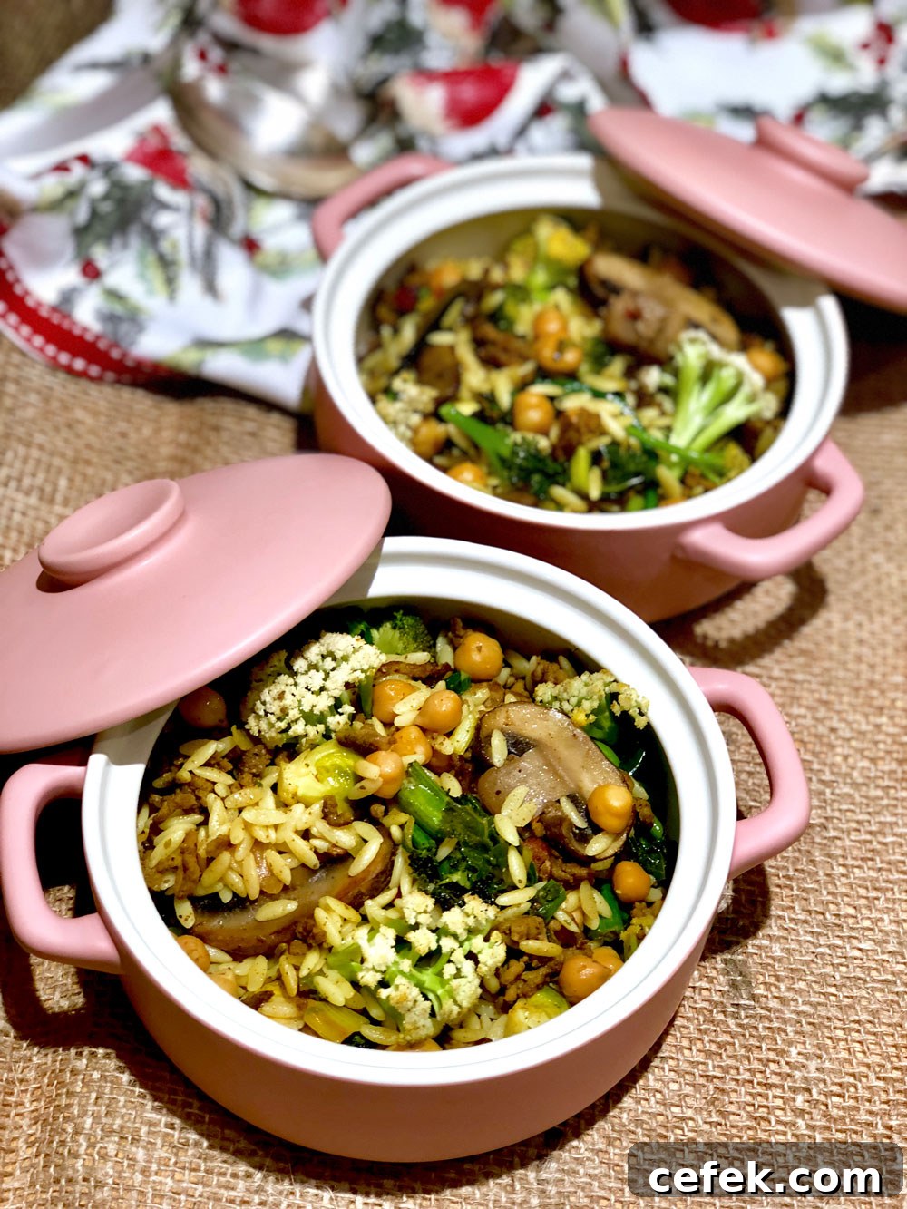 Curried, orzo & ground beef, turmeric and sweet sprouting cauliflower