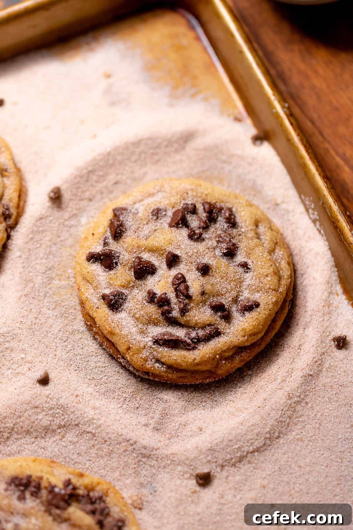 Chocolate chip snickerdoodle cookie coated in cinnamon sugar on a baking sheet