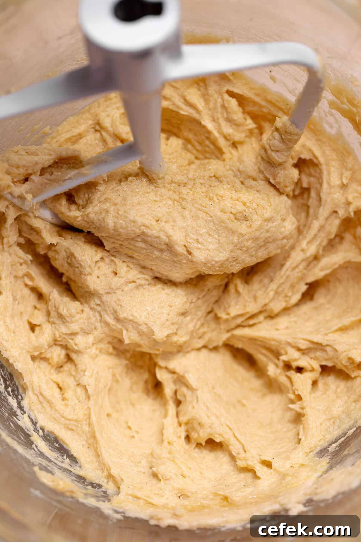 Creamed butter, sugar, and eggs in a stand mixer bowl