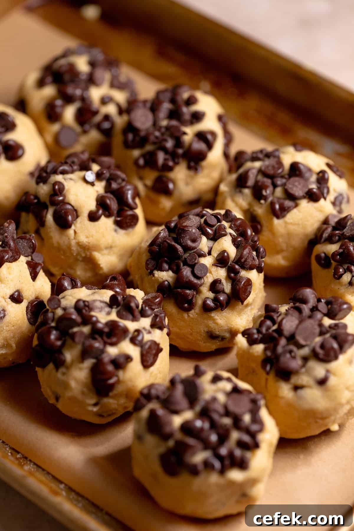Cookie dough balls with chocolate chips on top on a baking sheet.