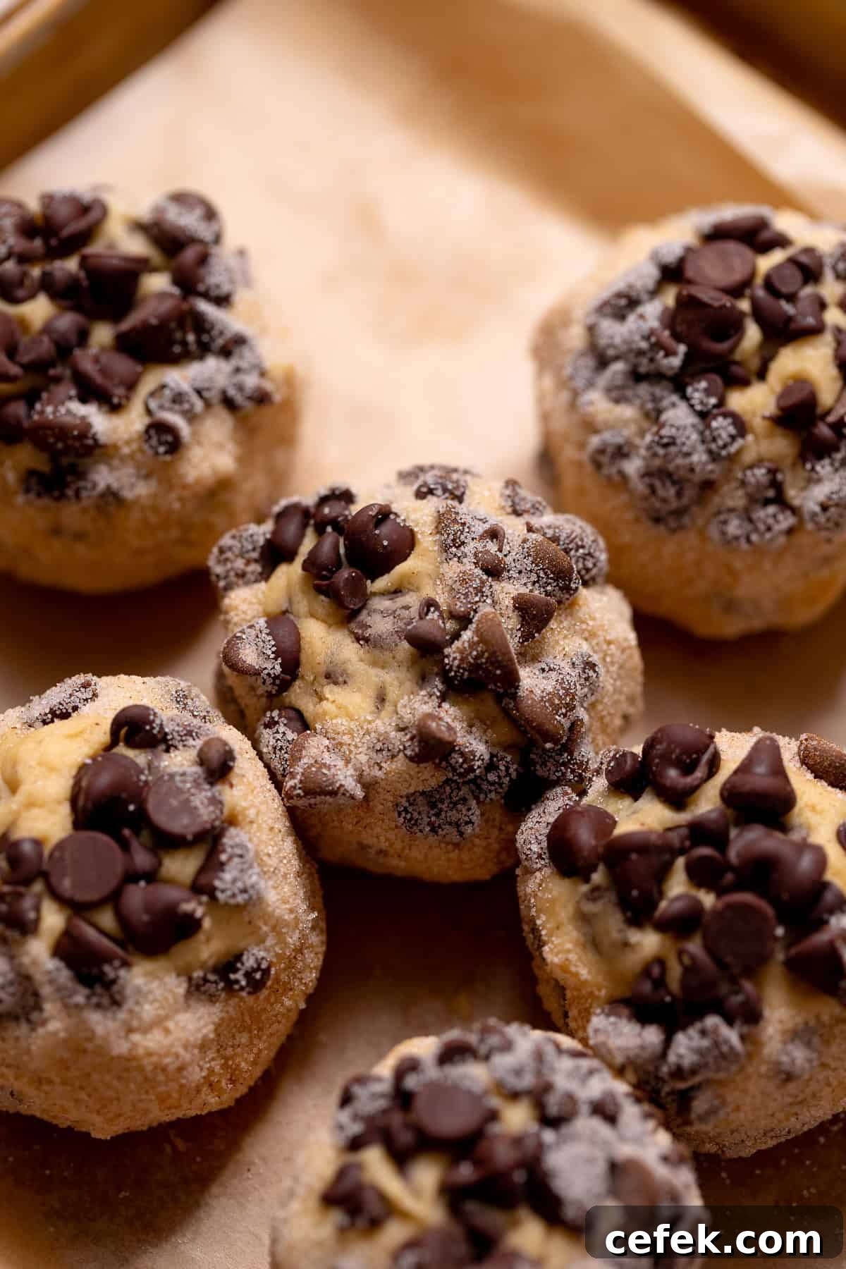 Chocolate chip snickerdoodle dough balls coated in cinnamon sugar on a baking tray.