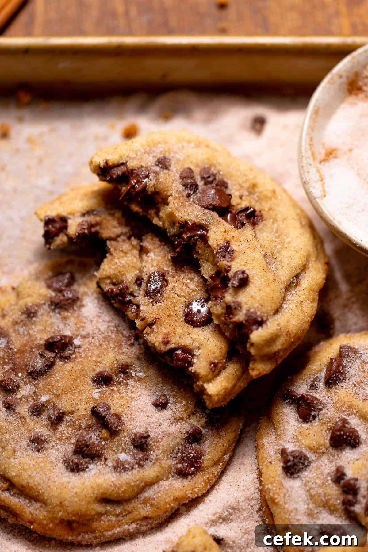 A chocolate chip snickerdoodle cookie broken in half with a soft, gooey center.