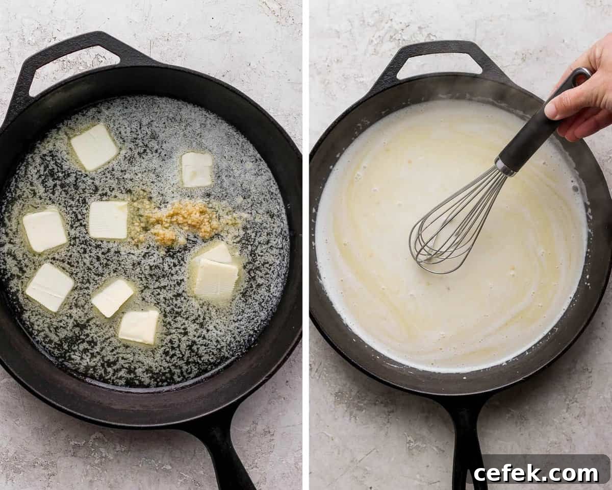 Two images showing the butter melting with garlic and the cream whisked in.