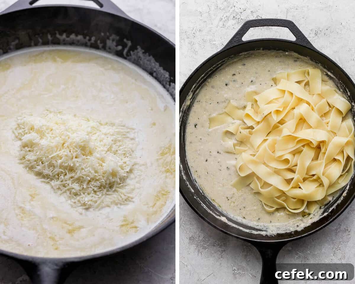 Two images showing the cheese being added and then the cooked noodles.