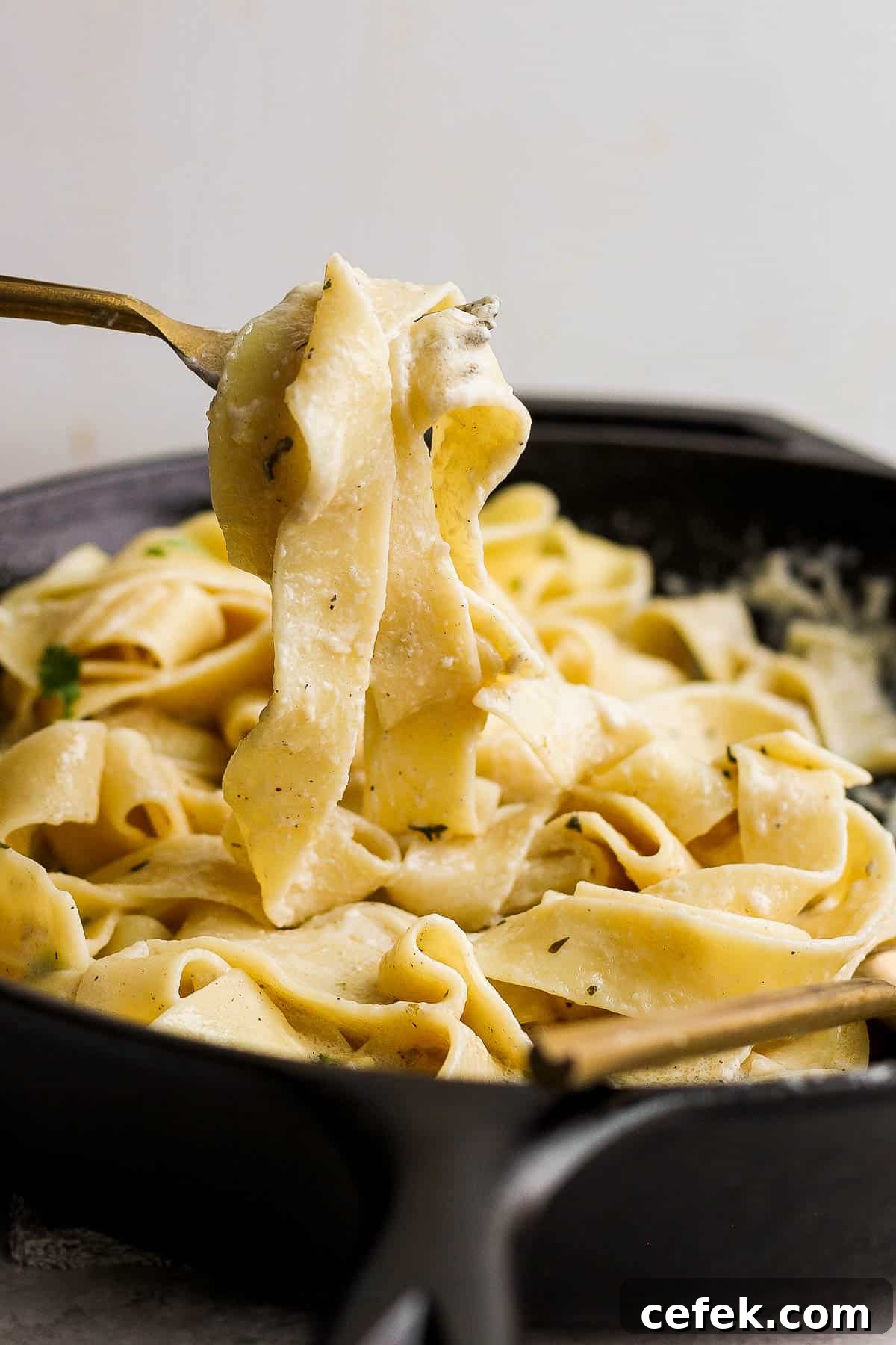 A fork lifting the noodles out of the pan.