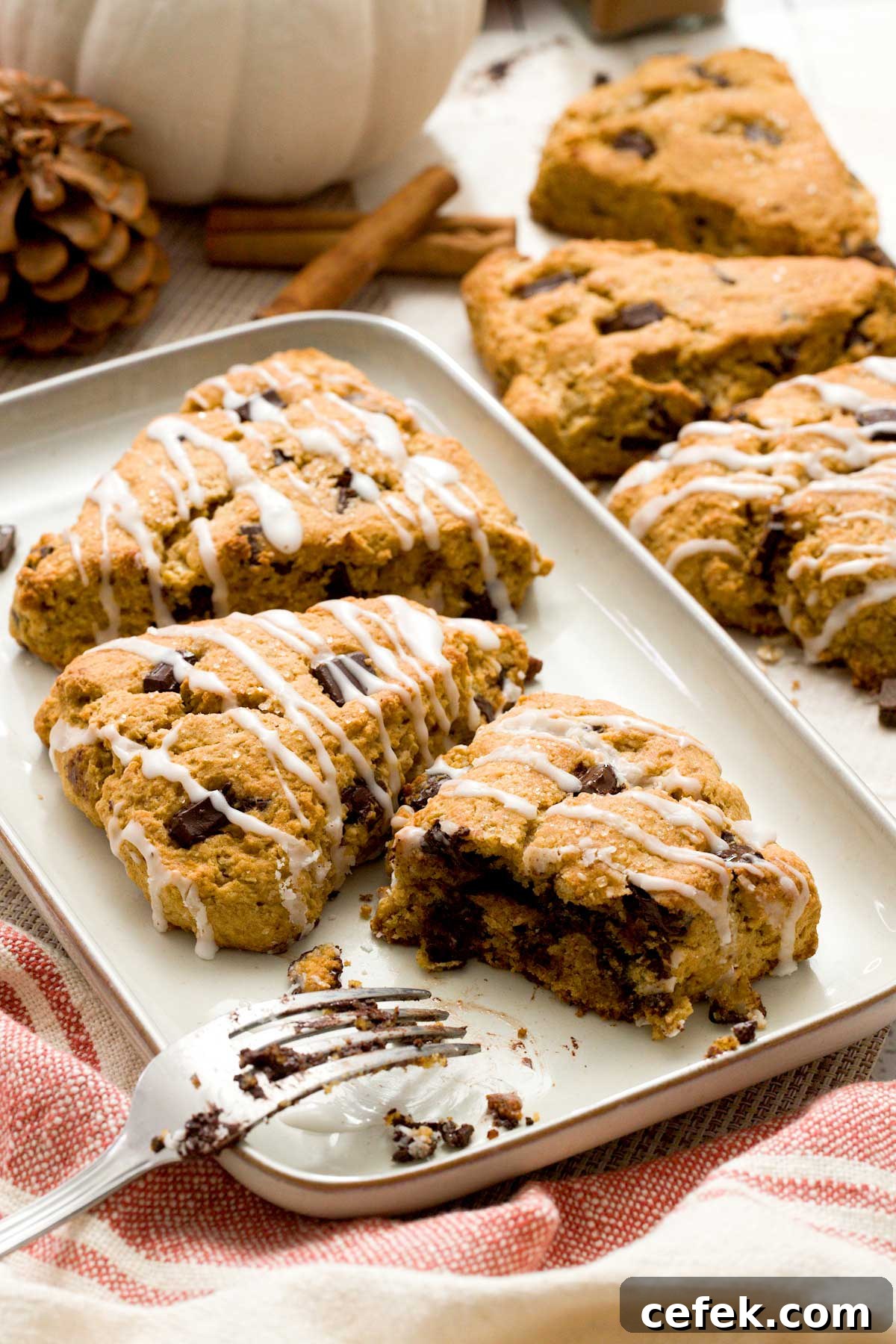 Three pumpkin cottage cheese scones on a plate.