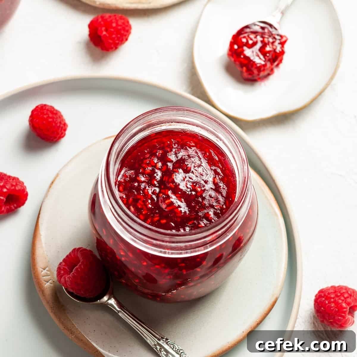 Overhead shot of open jar of jam, sitting on a plate, with a spoon and some raspberries on the edge.