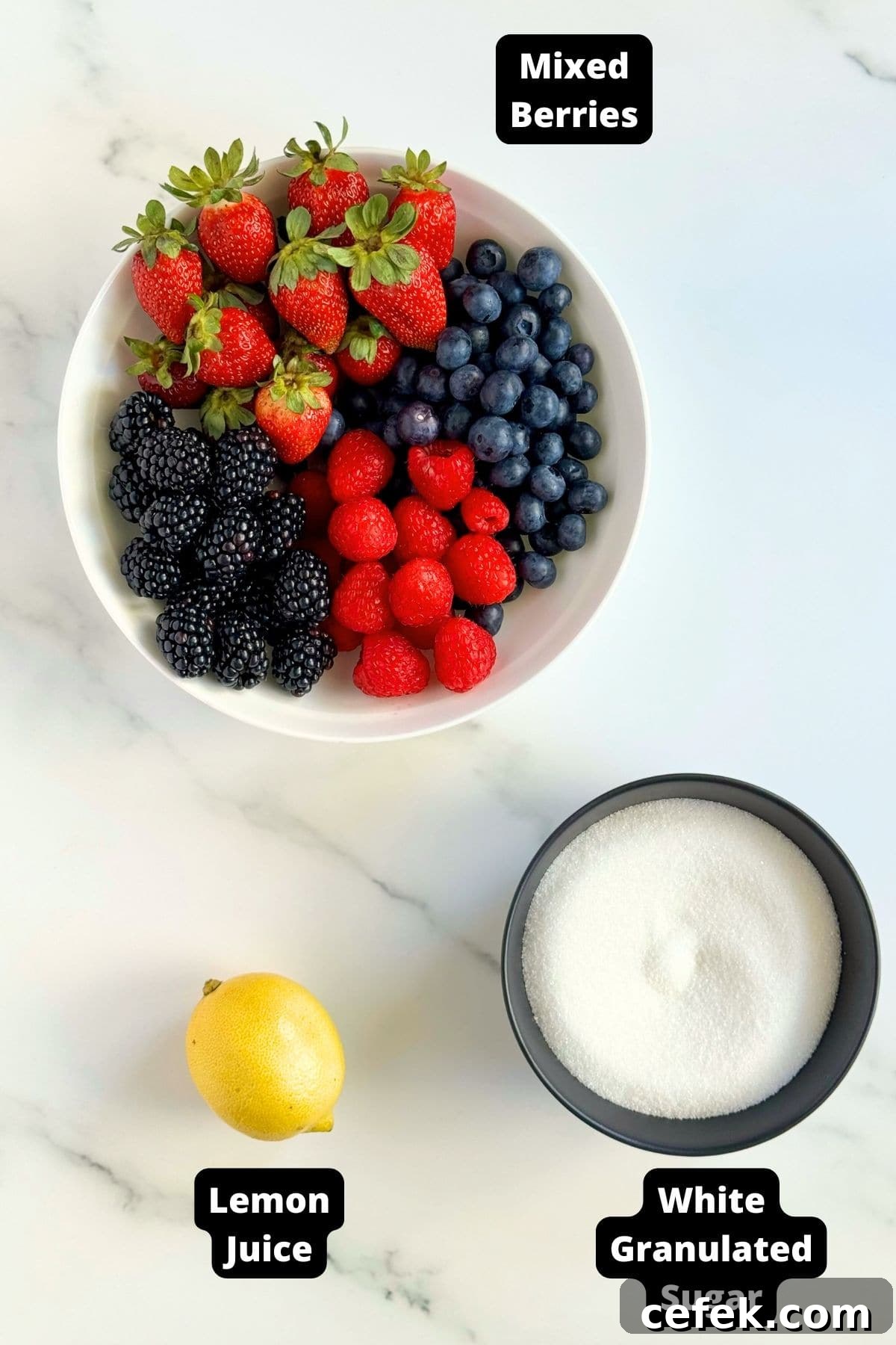 Ingredients in this recipe on a white marble background.