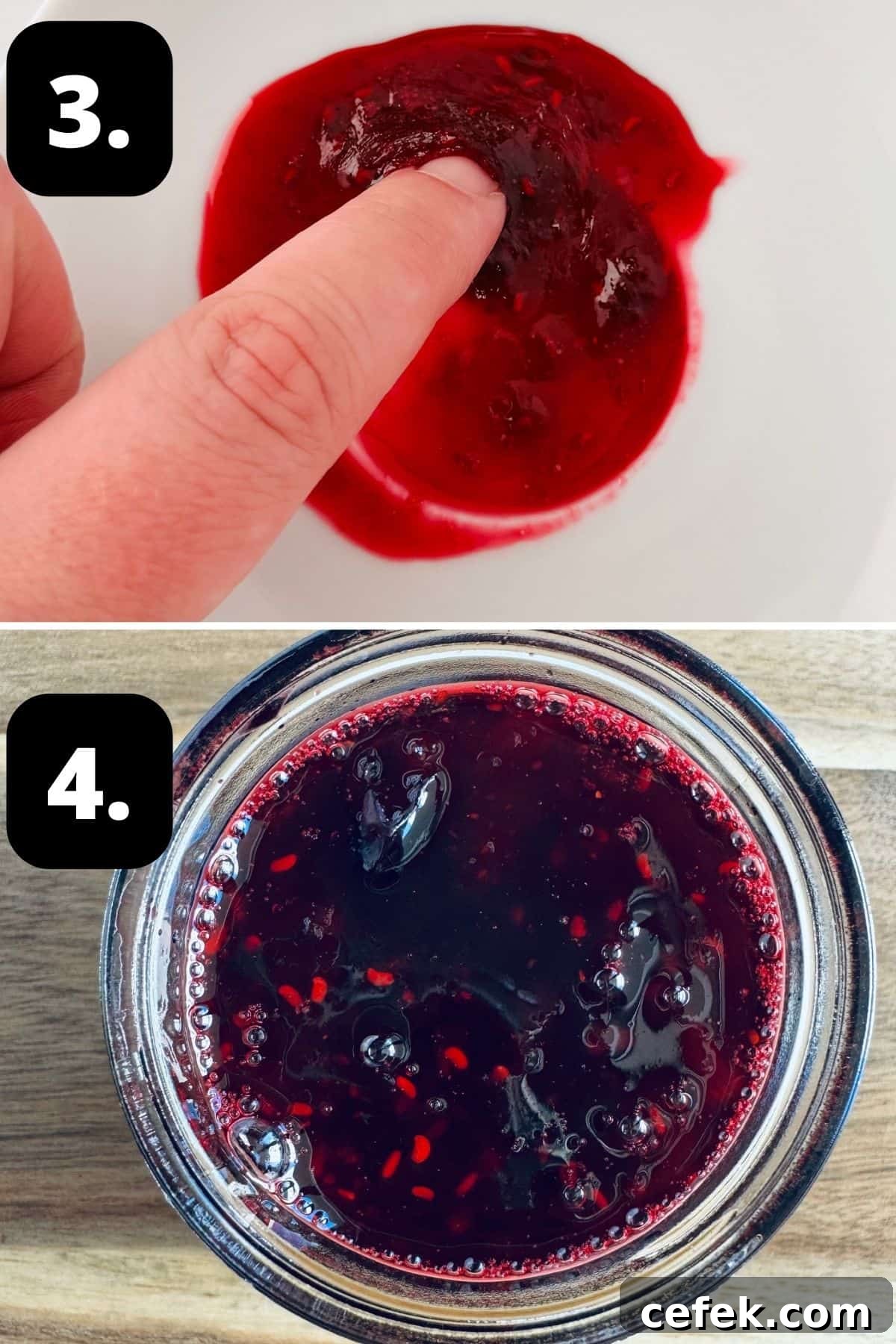 Steps 3-4 of preparing this recipe: testing for the setting point of the jam and the jam in a jar ready for sealing.