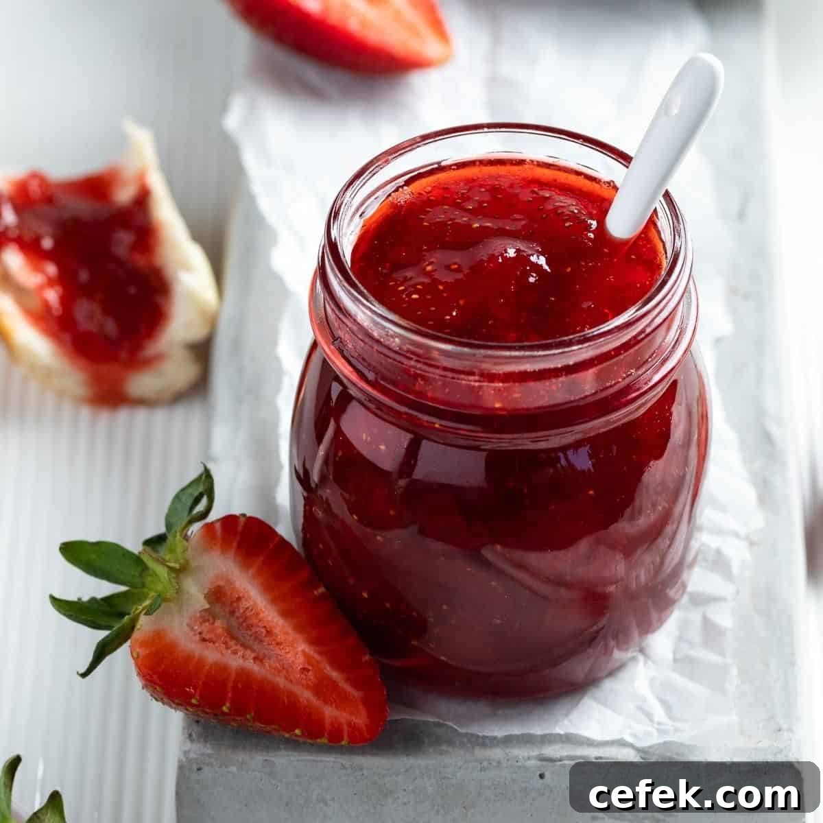 Open jar of strawberry jam, with spoon sticking out of it, sitting on a grey plate with a strawberry on the edge.