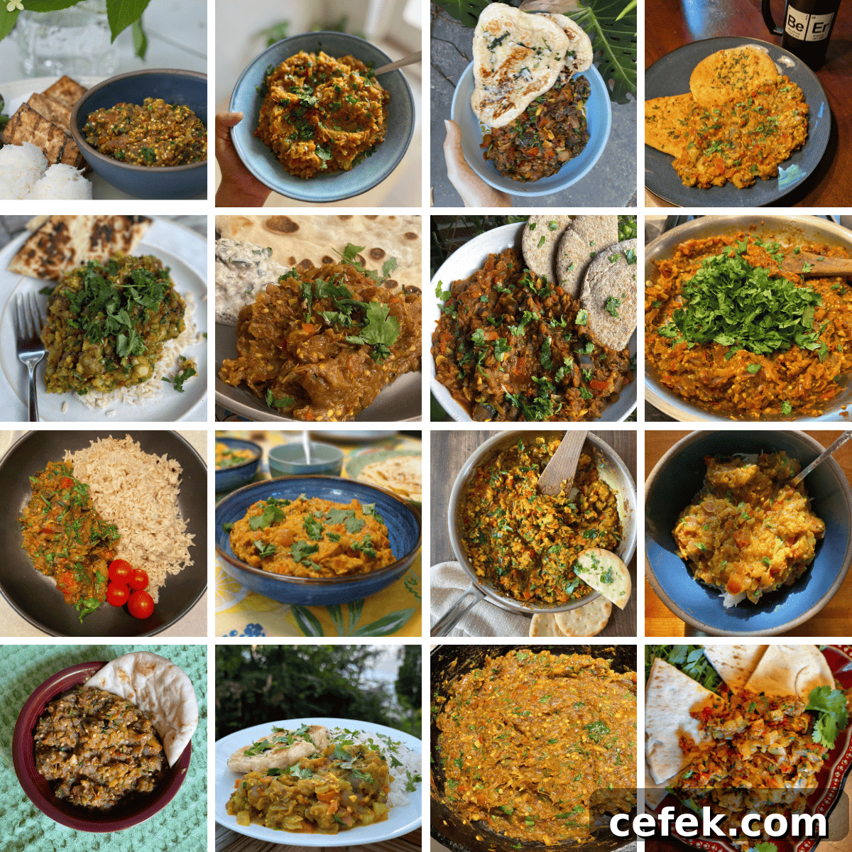 Grid of 16 remakes of Baingan Bharta.